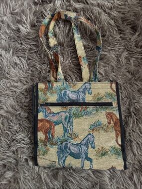 Horse Print Tote Bag in Beige and Blue